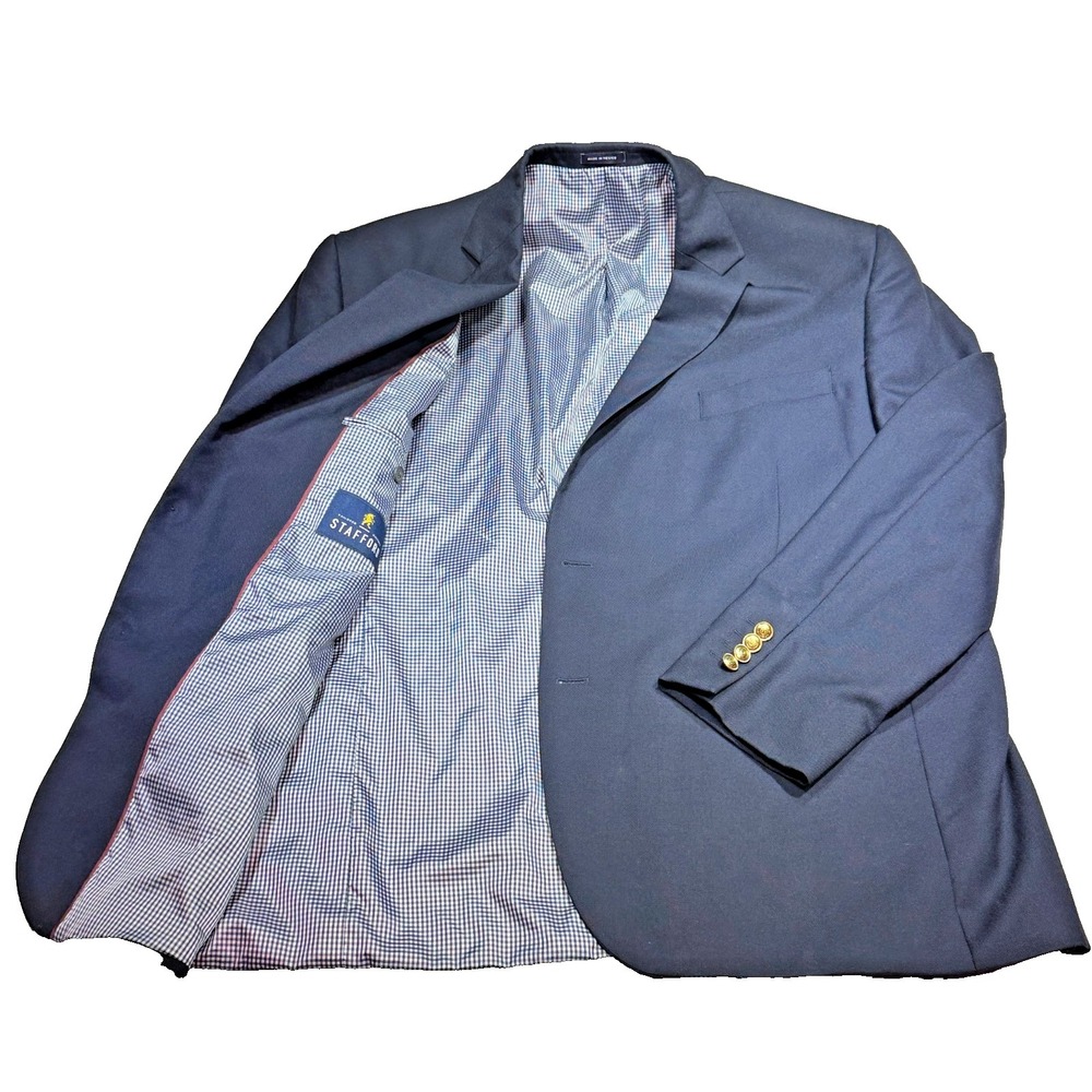 Stafford 48R Navy‎ Blue Gold Buttons Blazer Jacket Sport Suit Coat Wool Gingham